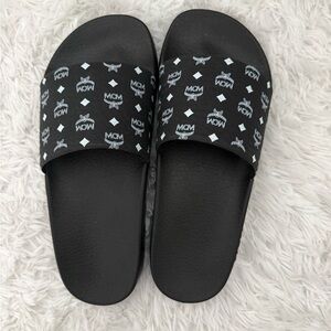MCM Black and White Logo Slide Sandals
